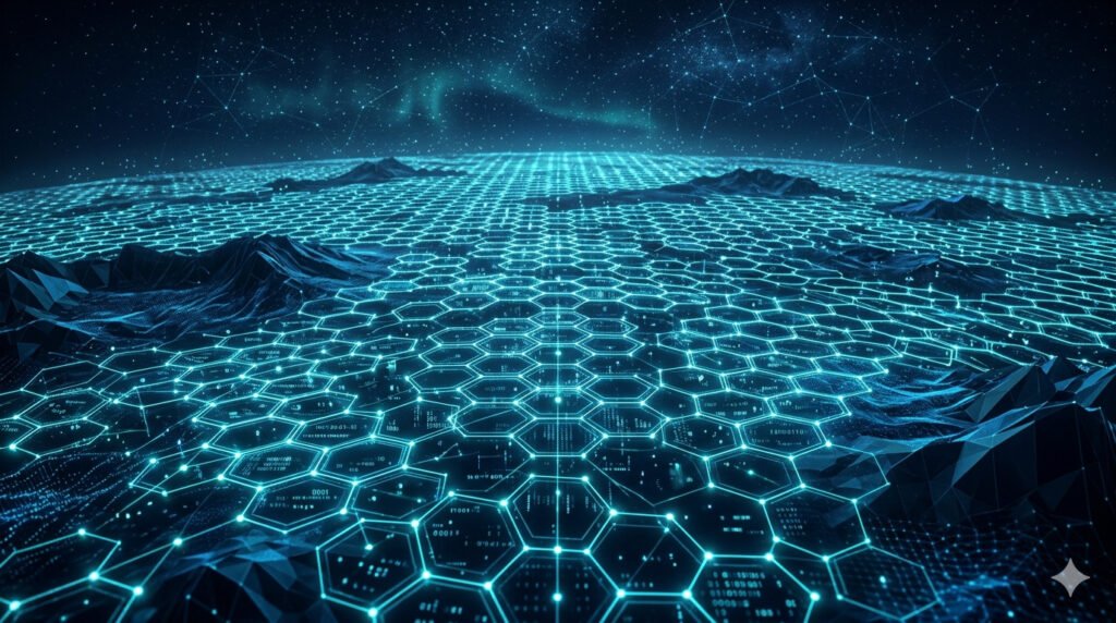 Futuristic hexagonal grid landscape visualization